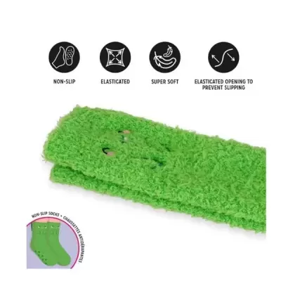 Meias verdes felpudas antiderrapantes com ícones explicativos