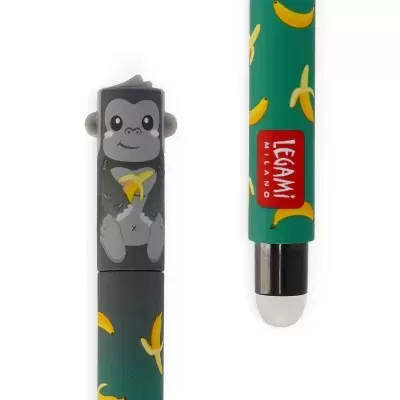 Caneta com ilustração de gorila e bananas, corp verde com padrão de bananas e tampa com gorila 3D