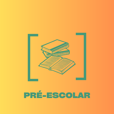 Logótipo verde de livros com texto PRÉ-ESCOLAR sobre fundo laranja
