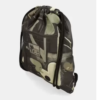Mochila saco preta e cinza com padrão abstrato e bolso frontal