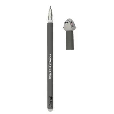 Caneta preta com corpo cinzento e tampa decorada com figura facial.