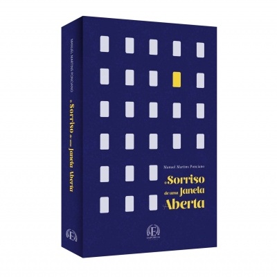 Capa de livro azul com janelas brancas e uma amarela, título amarelo