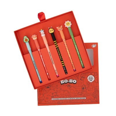 Conjunto colorido de 6 canetas apagáveis com topos divertidos dentro de caixa vermelha.