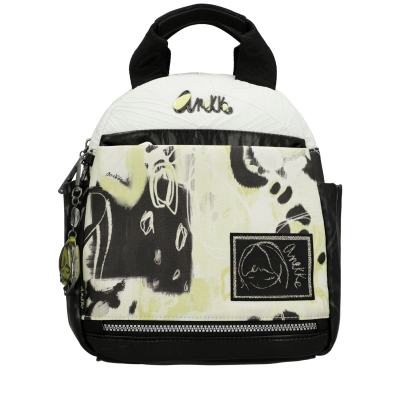 Mochila pequena branca com padrão abstrato preto e amarelo e etiqueta Anukke