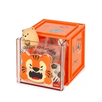 Caixa laranja e transparente com desenho de tigre e urso