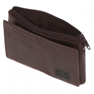 Carteira de pele castanha com fecho e emblema da bandeira do Reino Unido