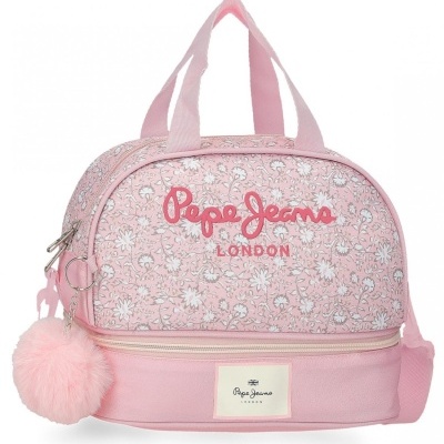 Mala pequena rosa com padrão floral e texto Pepe Jeans LONDON