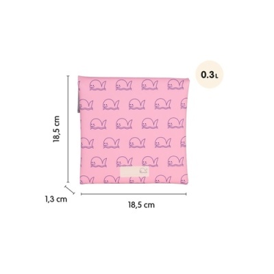 Bolsa rosa com padrão de baleias lilás e medidas indicadas