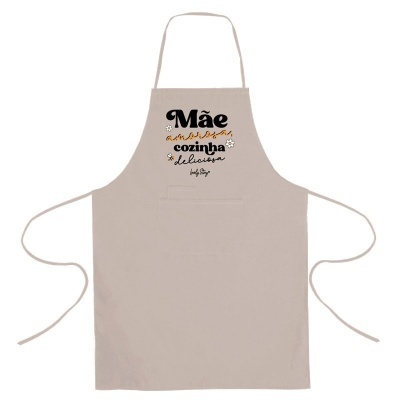 Avental de cozinha bege com texto e desenhos coloridos