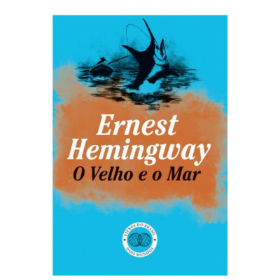 Capa do livro 'O Velho e o Mar' de Ernest Hemingway com fundo azul e ilustração de peixe