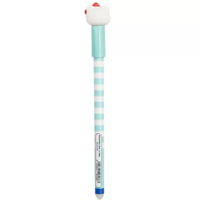 Caneta apagável com padrão de riscas azuis e brancas e figura decorativa no topo