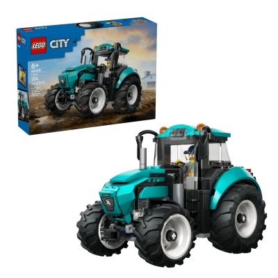 Caixa LEGO CITY e trator de montar azul e preto com figura minifigura.