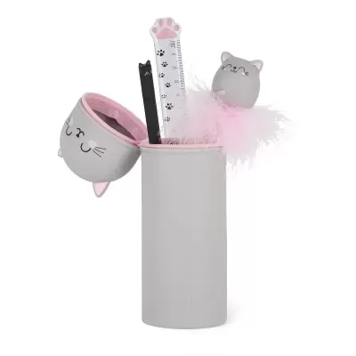 Conjunto de papelaria com tema de gato em cinzento, branco e rosa