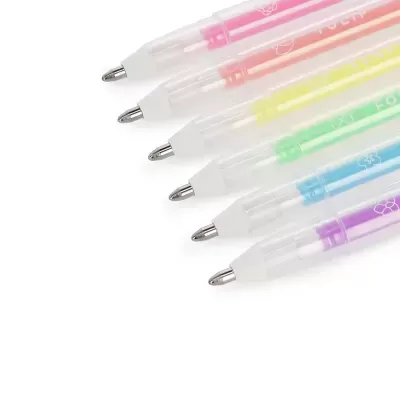Sete canetas multicoloridas de tinta gel com ponta de metal