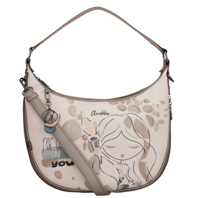 Mala de ombro bege com ilustração de rapariga e texto FOcus on you