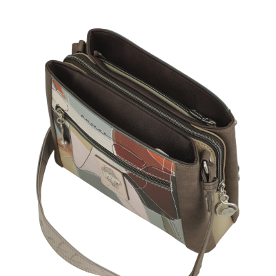 Mala de ombro padrão abstrato com fechos metálicos e alça bege