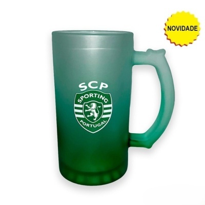 Caneca de vidro fosco verde com emblema Sporting Portugal e etiqueta NOVIDADE