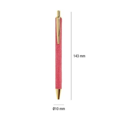 Caneta esferográfica cor-de-rosa brilhante com ponteira e clip dourados.