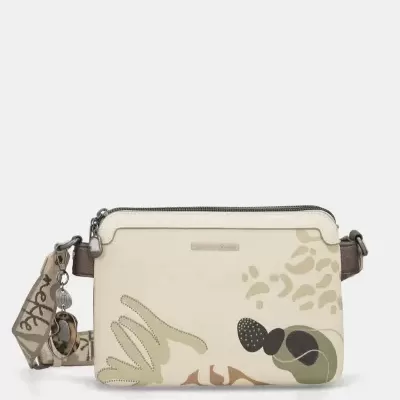 Bolsa bege com padrões abstratos e alça ajustável com pendente