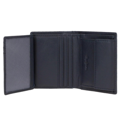 Carteira masculina de couro preta aberta mostrando várias seções e porta-cartões