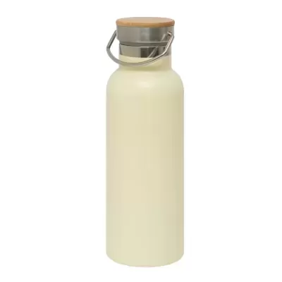 Garrafa térmica creme com tampa de madeira e detalhe prateado