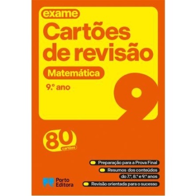 Capa de cartões de revisão de Matemática 9.º ano com fundo amarelo e laranja e texto destacado