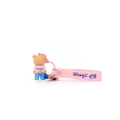Porta-chaves de silicone com figura de ursinho e correia rosa com texto
