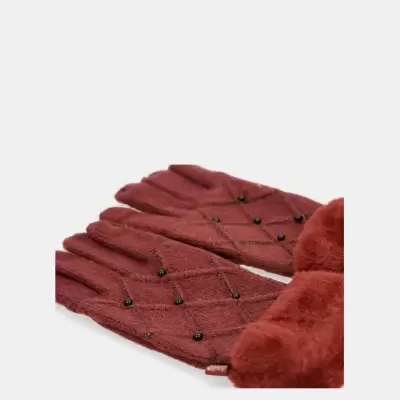 Par de luvas femininas vermelhas com pérolas e pelo no punho