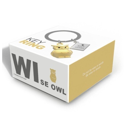 Porta-chaves coruja dourada numa caixa branca e dourada com texto.