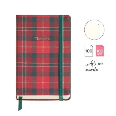 Caderno xadrez vermelho e verde com palavra Thoughts e elástico verde