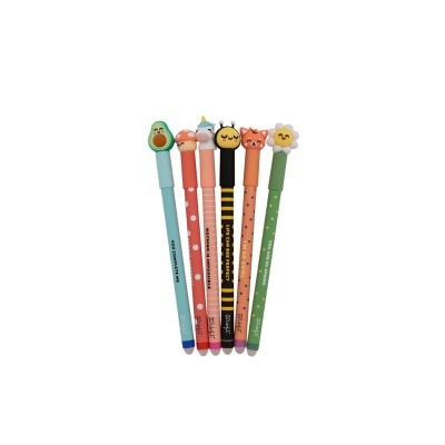 Seis canetas coloridas com tampas decorativas de silicone de diferentes figuras e textos.