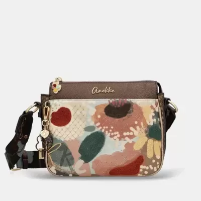 Mala de ombro feminina Anekke com padrão floral colorido e alça preta