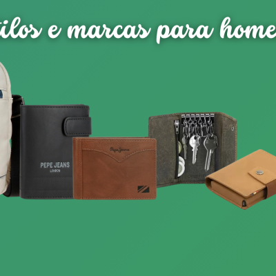 Mochila branca Reebok e várias carteiras masculinas em diferentes cores e materiais