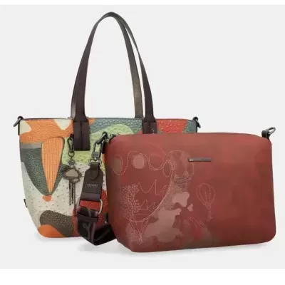 Dois sacos de senhora com padrões coloridos e castanhos, um tote e um saco retangular.