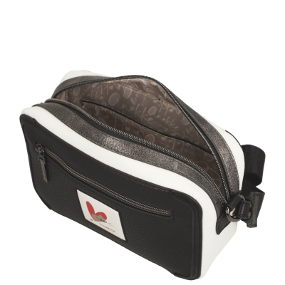 Mala tiracolo preta e branca com bolso frontal e interior forrado com padrão Anekke