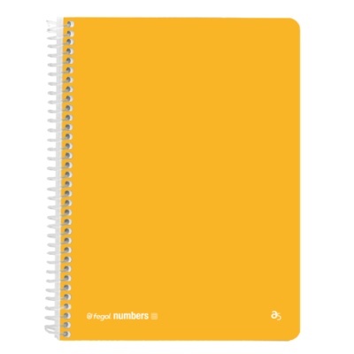 Caderno espiral amarelo com capa lisa e textos brancos