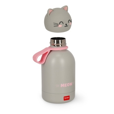 Garrafa metálica cinza com tampa forma de gato cinza e detalhe rosa
