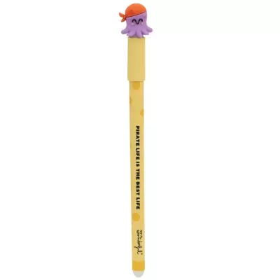 Lápis amarelo decorado com polvo roxo e texto em preto