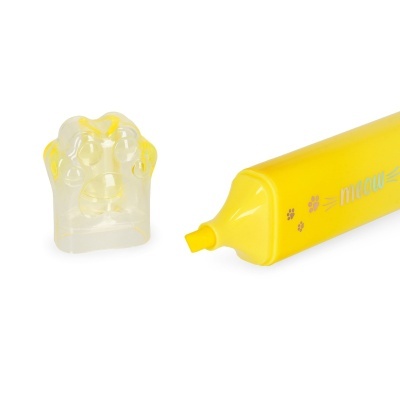 Marcador amarelo com tampa em forma de pata e texto meow