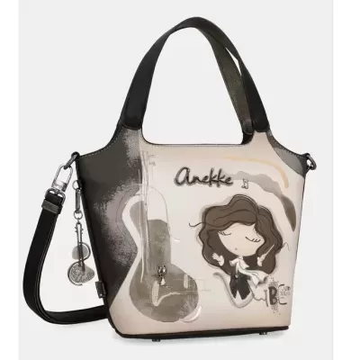 Mala de mão com design de violino e personagem feminina em tons bege e castanho