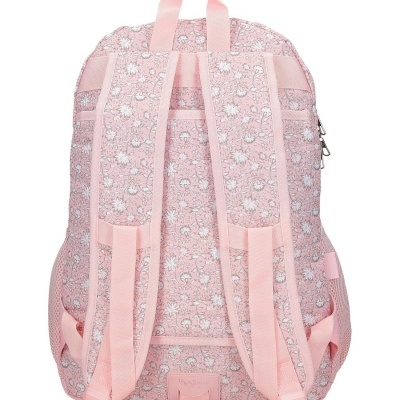 Mochila rosa com padrão floral e alças ajustáveis vista de trás