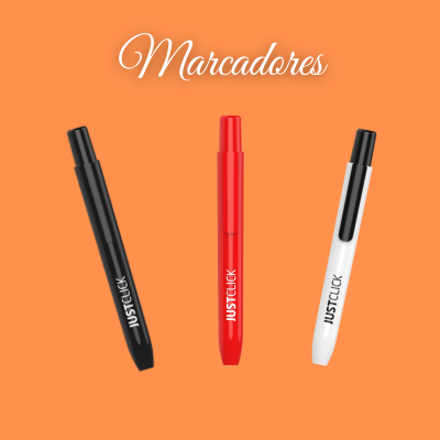 Três marcadores JUSTCLICK em preto, vermelho e branco sobre fundo laranja.