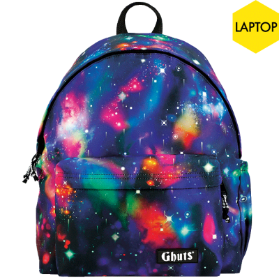 Mochila colorida com padrão cósmico e etiqueta frontal Ghuts