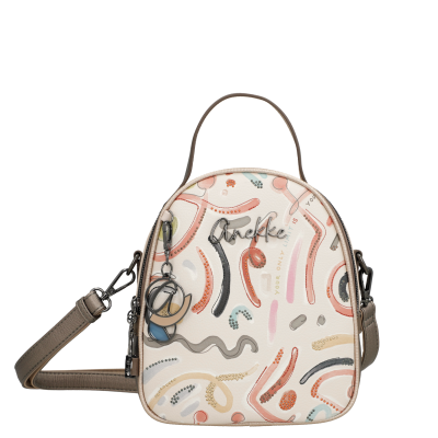 Mala feminina pequena creme com padrão abstrato e alça castanha