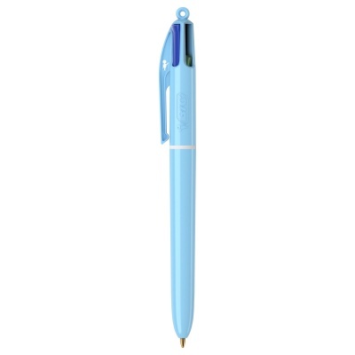 Caneta esferográfica azul com clip e tinta azul, roxa e verde.