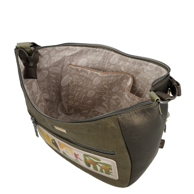 Mala castanha de material sintético com fecho e bolso interior