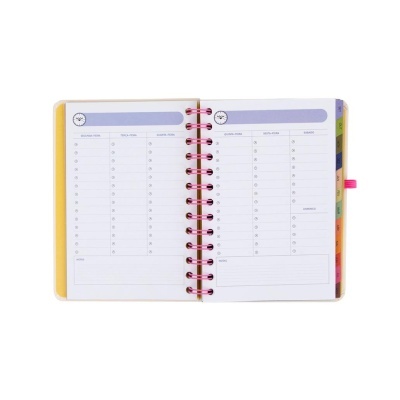 Agenda semanal aberta com encadernação espiral rosa e abas coloridas.