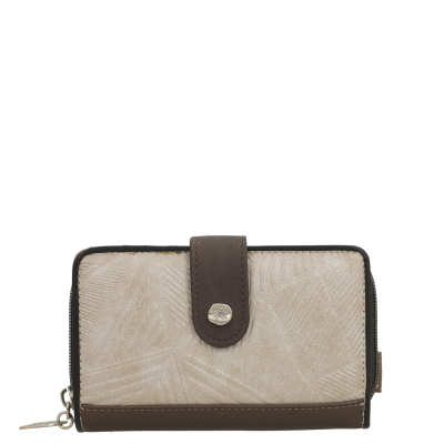 Carteira bege com atilho castanho e botão metálico