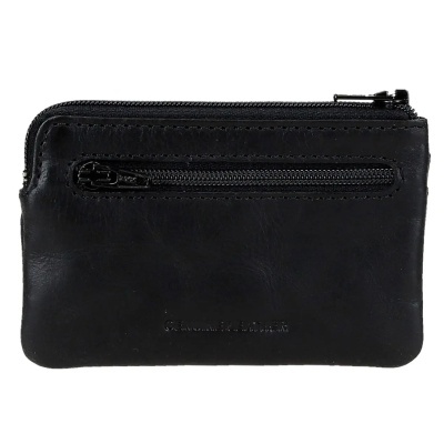 Carteira pequena preta de pele com dois fechos de correr