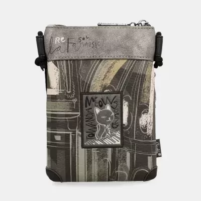 Bolsa pequena cinza e bege com padrão abstracto e ilustração de gato